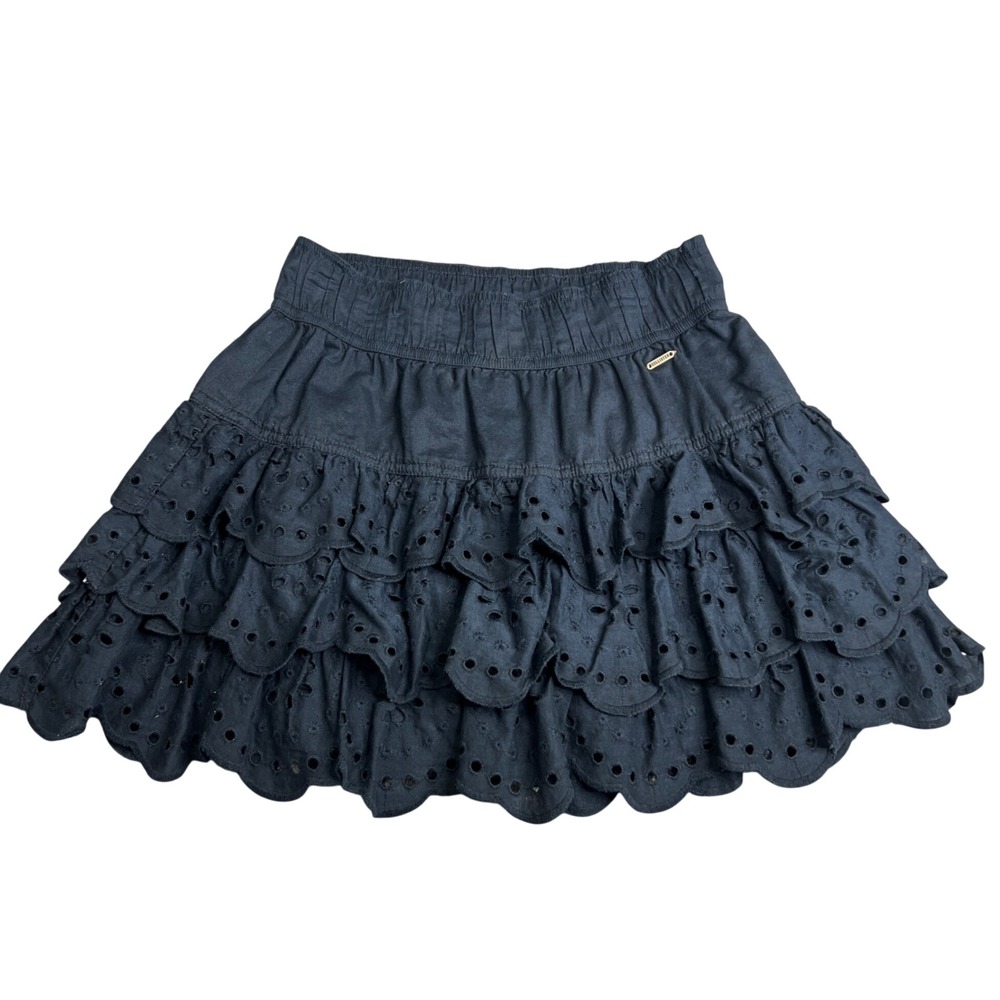 Hollister Navy Blue Eyelet Tiered Ruffle Mini Skirt Small Cotton Smocked Waist